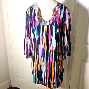 Trina Turk Purple and Blue Graphic Tunic Mini Dress 3/4 Sleeves. Completly Lined